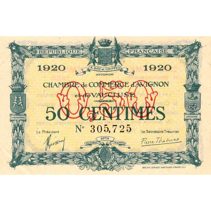 Billet des chambres de commerce Avignon 50 centimes