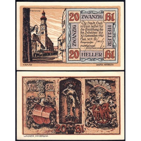 Autriche - Notgeld - Hall-in-Tirol - 20 heller - Type d - 30/05/1920 - Etat : pr.NEUF