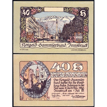 Autriche - Notgeld - Innsbruck - 40 heller - Type IIIa - 01/07/1920 - Etat : NEUF