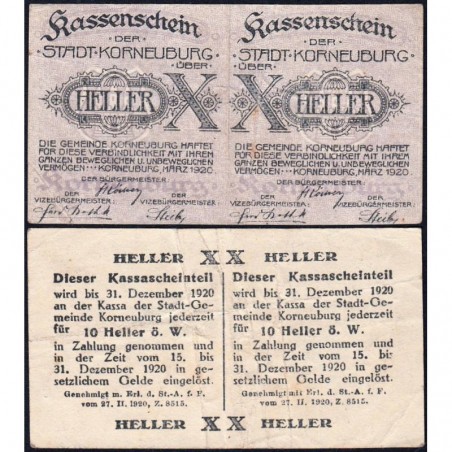 Autriche - Notgeld - Korneuburg - 2 x 10 heller - Type a - 03/1920 - Etat : TB+