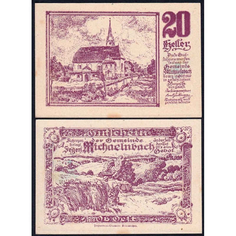 Autriche - Notgeld - Michaelnbach - 20 heller - 1920 - Etat : SPL