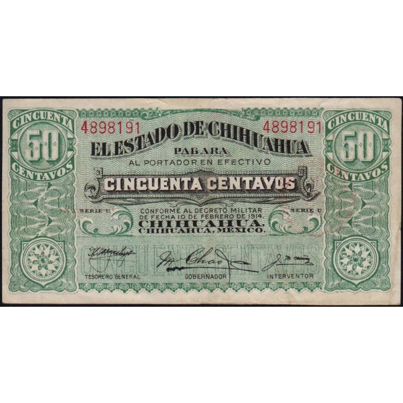 Mexique - Chihuahua - Pick S 528e - 50 centavos - Serie U - 20/04/1915 - Etat : TTB