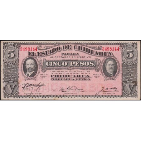 Mexique - Chihuahua - Pick S 532e - 5 pesos - Serie H - 01/05/1915 - Etat : SPL