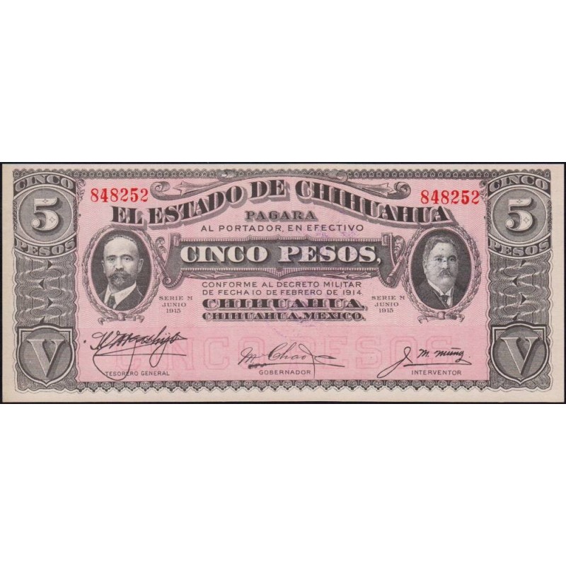 Mexique - Chihuahua - Sonora - Pick S 532A_2 - 5 pesos - Serie M - 01/09/1915 - Etat : NEUF