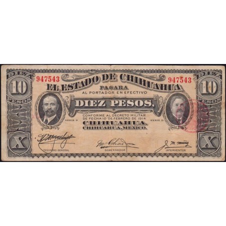 Mexique - Chihuahua - Pick S 533c - 10 pesos - Serie D - 10/02/1914 - Etat : TB+