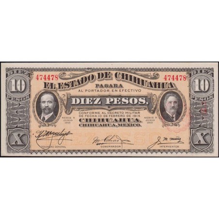 Mexique - Chihuahua - Pick S 535a - 10 pesos - Serie N - 06/1915 - Etat : NEUF