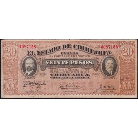 Mexique - Chihuahua - Pick S 537b - 20 pesos - Serie K - 27/03/1915 - Etat : TB+