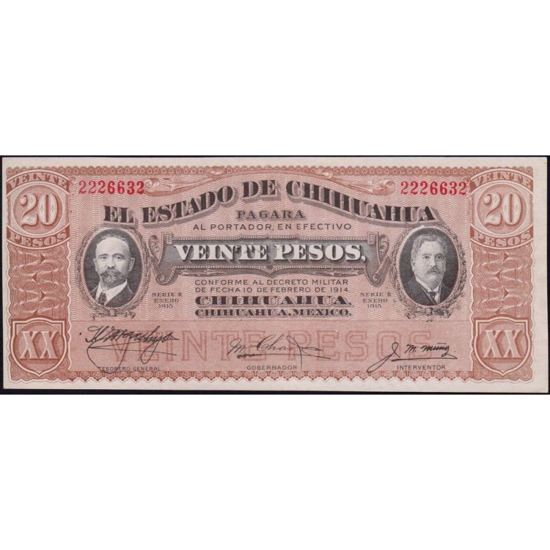 Mexique - Chihuahua - Pick S 537b - 20 pesos - Serie K - 10/07/1915 - Etat : NEUF