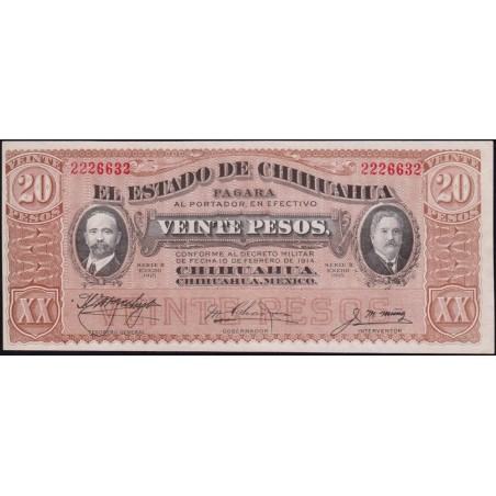 Mexique - Chihuahua - Pick S 537b - 20 pesos - Serie K - 10/07/1915 - Etat : NEUF