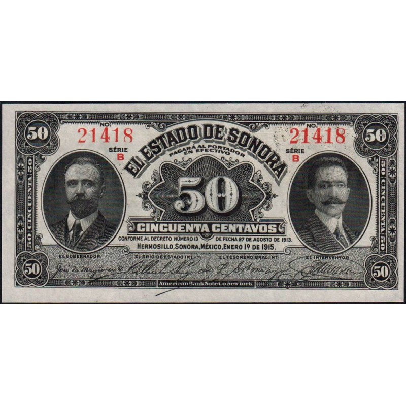 Mexique - Sonora - Pick S 1070 - 50 centavos - Serie B- 01/01/1915 - Etat : NEUF