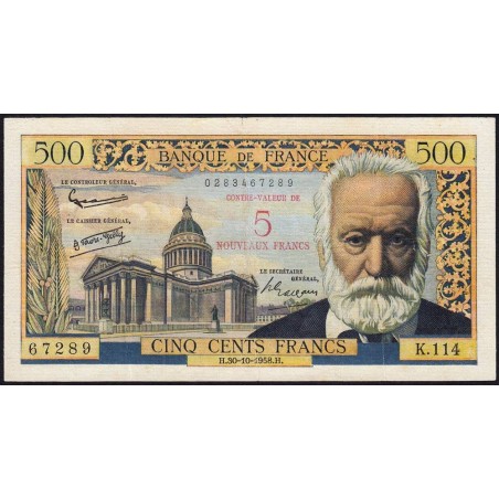 F 52-01 - 30/10/1958 - 5 nouv. francs sur 500 francs - Victor Hugo - Série K.114 - Etat : TB+