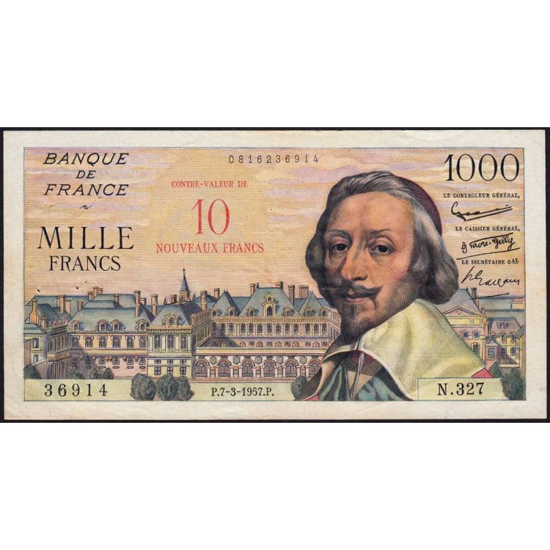 F 53-01 - 07-03/1957 - 10 nouv. francs sur 1000 francs - Richelieu - Série N.327 - Etat : TTB-