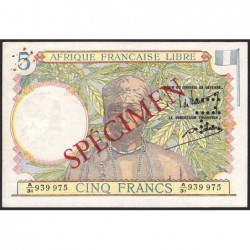 AEF - Pick 6s - 5 francs - Série A/31 - 31/05/1943 - Spécimen - Etat : SUP+