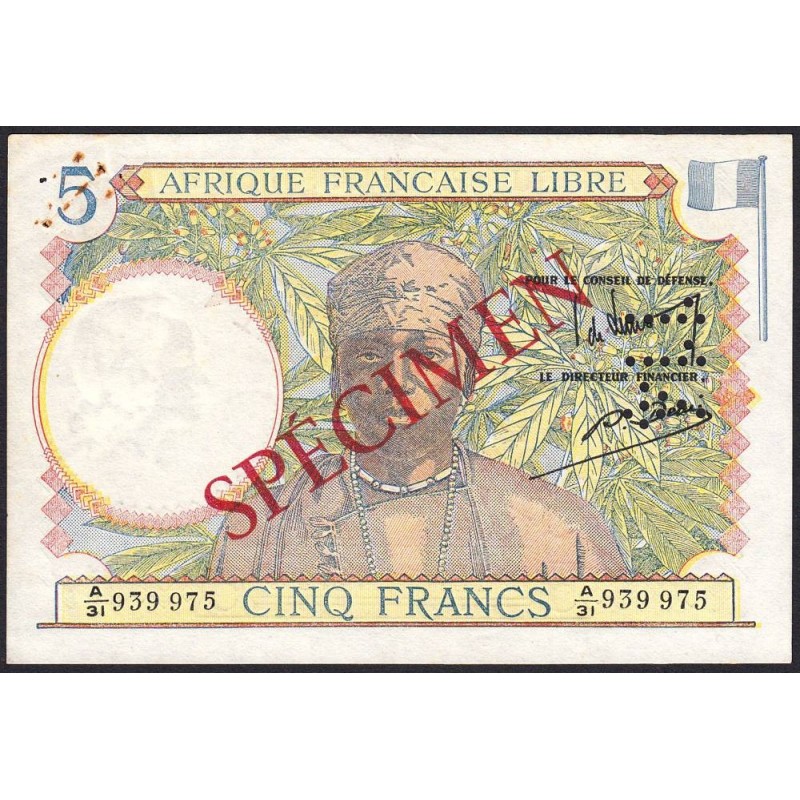 AEF - Pick 6s - 5 francs - Série A/31 - 31/05/1943 - Spécimen - Etat : SUP+