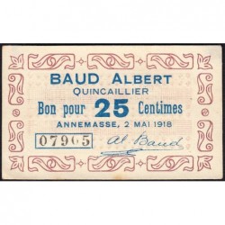 74 - Annemasse - Baud Albert Quincaillier - 25 centimes - Type 74-01 - 02/05/1918 - Etat : pr.NEUF