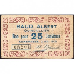 74 - Annemasse - Baud Albert Quincaillier - 25 centimes - Type 74-01 - 02/05/1918 - Etat : TB+