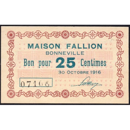 74 - Bonneville - Maison Fallion - 25 centimes - Type 74-13 - 30/10/1916 - Etat : NEUF