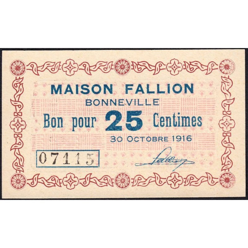 74 - Bonneville - Maison Fallion - 25 centimes - Type 74-13 - 30/10/1916 - Etat : NEUF