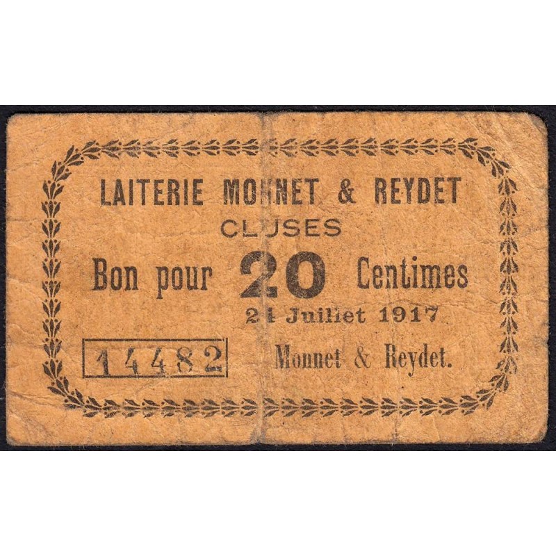 74 - Cluses - Laiterie Monnet & Reydet - 20 centimes - Type 74-22 - 24/07/1917 - Etat : B+