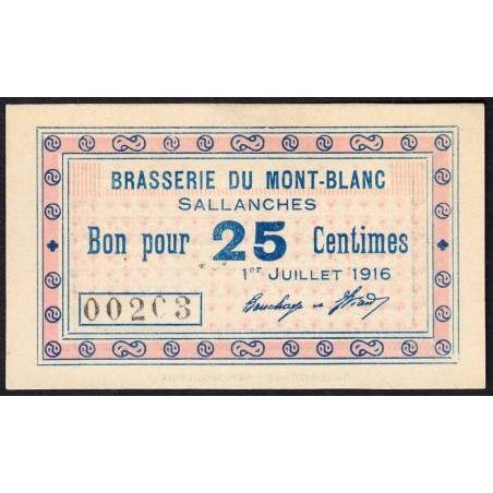 74 - Sallanches - Brasserie du Mont-Blanc - 25 centimes - Type 74-39b - 01/07/1916 - Etat : NEUF