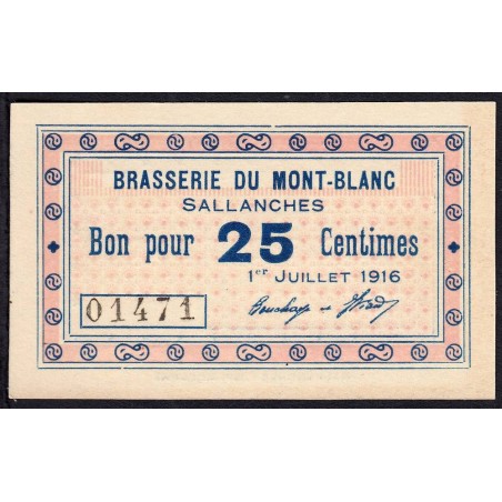 74 - Sallanches - Brasserie du Mont-Blanc - 25 centimes - Type 74-39b - 01/07/1916 - Etat : NEUF