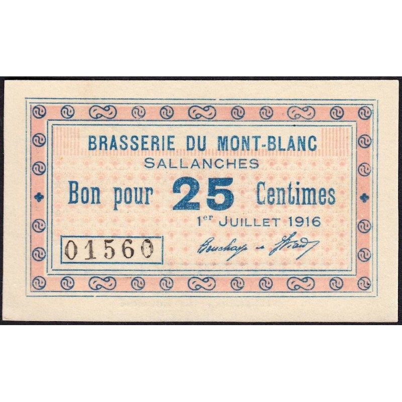 74 - Sallanches - Brasserie du Mont-Blanc - 25 centimes - Type 74-39b - 01/07/1916 - Etat : NEUF