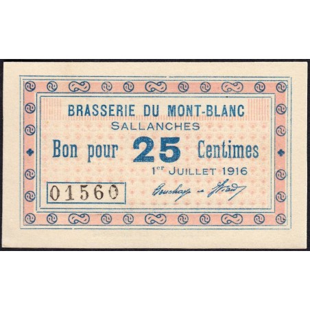 74 - Sallanches - Brasserie du Mont-Blanc - 25 centimes - Type 74-39b - 01/07/1916 - Etat : NEUF