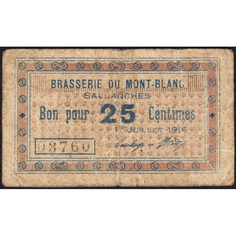74 - Sallanches - Brasserie du Mont-Blanc - 25 centimes - Type 74-39b - 01/07/1916 - Etat : B