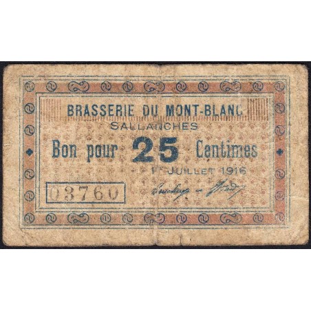 74 - Sallanches - Brasserie du Mont-Blanc - 25 centimes - Type 74-39b - 01/07/1916 - Etat : B