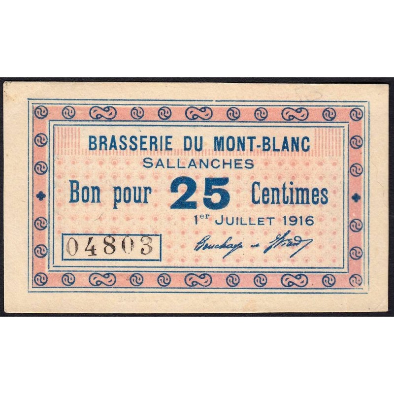 74 - Sallanches - Brasserie du Mont-Blanc - 25 centimes - Type 74-39b - 01/07/1916 - Etat : pr.NEUF