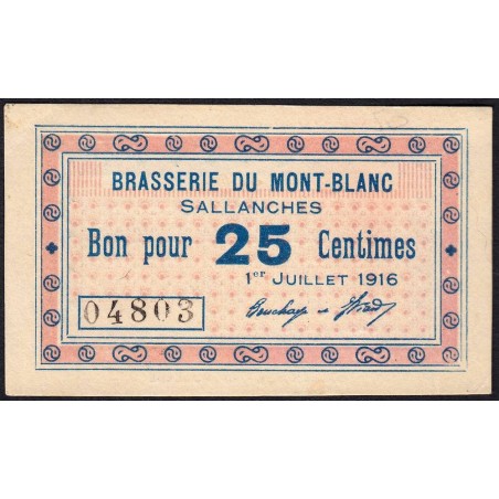 74 - Sallanches - Brasserie du Mont-Blanc - 25 centimes - Type 74-39b - 01/07/1916 - Etat : pr.NEUF