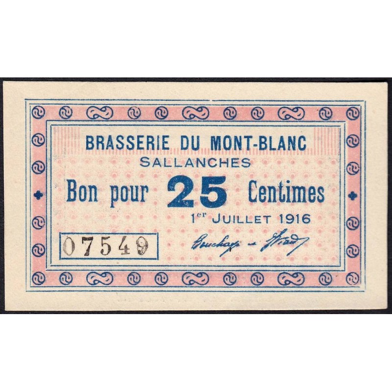 74 - Sallanches - Brasserie du Mont-Blanc - 25 centimes - Type 74-39b - 01/07/1916 - Etat : NEUF