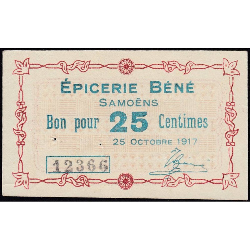 74 - Samoëns - Epicerie Béné - 25 centimes - Type 74-42 - 25/10/1917 - Etat : SUP