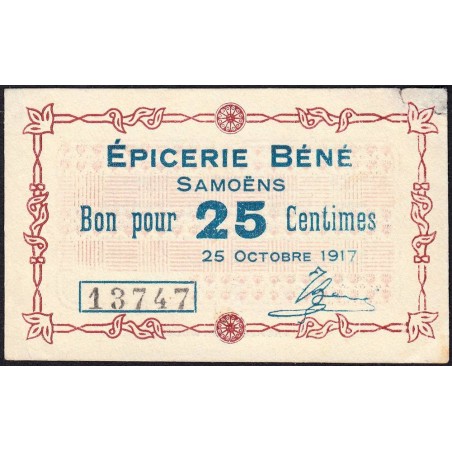 74 - Samoëns - Epicerie Béné - 25 centimes - Type 74-42 - 25/10/1917 - Etat : TTB+