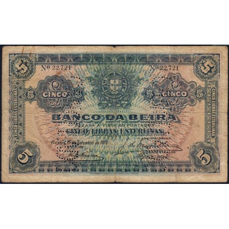 Mozambique - Banco da Beira - Pick R 8b - 5 libras esterlinas - 15/09/1919 - Etat : TB