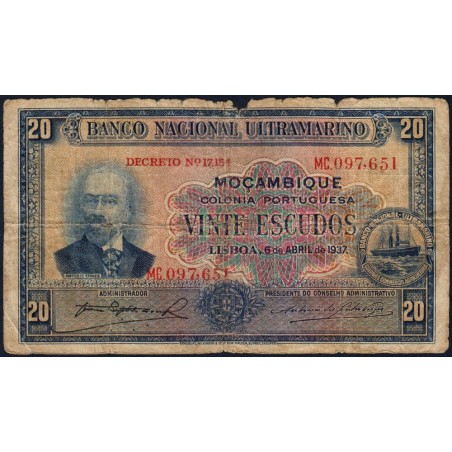 Mozambique - Banco N. Ultramarino - Pick 74 - 20 escudos - Série MC - 06/04/1937 - Etat : B