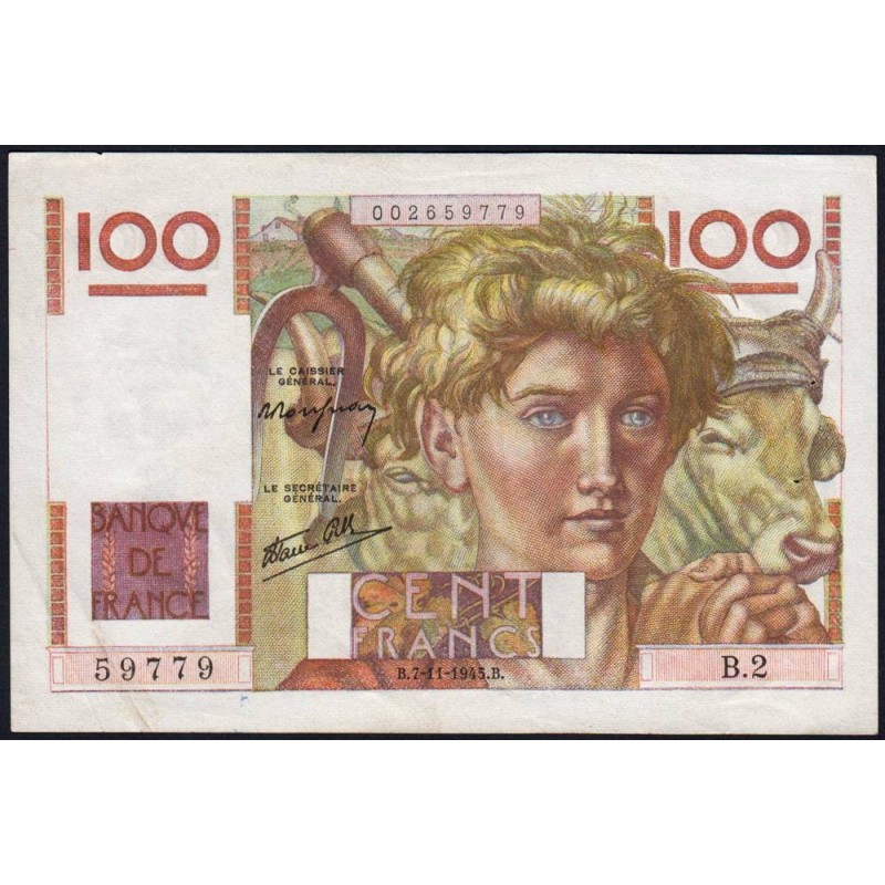 F 28-01 - 07/11/1945 - 100 francs - Jeune Paysan - Série B.2 - Etat : TTB