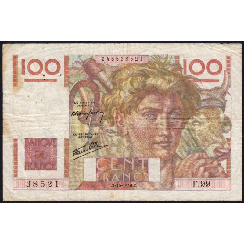 F 28-09 - 03/10/1946 - 100 francs - Jeune Paysan - Série F.99 - Etat : TB+