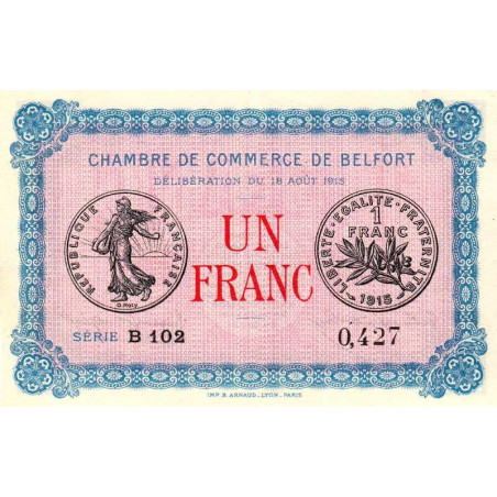 Belfort - Pirot 23-9 - 1 franc - Série B 102 - 18/08/1915 - Etat : SUP