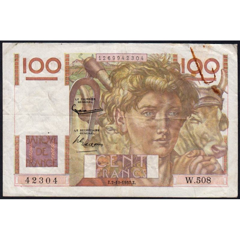 F 28-34 - 02/10/1952 - 100 francs - Jeune Paysan - Série W.508  (remplacement) - Etat : TB