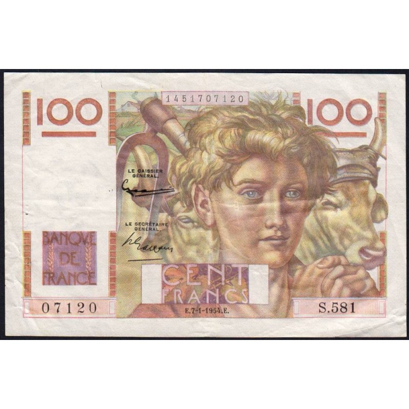 F 28-41 - 07/01/1954 - 100 francs - Jeune Paysan - Série S.581 - Etat : TTB