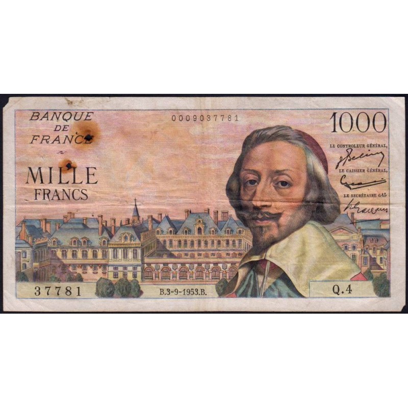 F 42-02 - 03/09/1953 - 1000 francs - Richelieu - Série Q.4 - Etat : TB