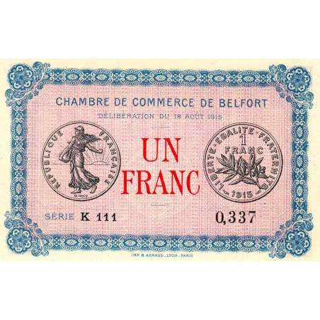 Belfort - Pirot 23-9 variété - 1 franc - Série K 111 - 18/08/1915 - Etat : NEUF