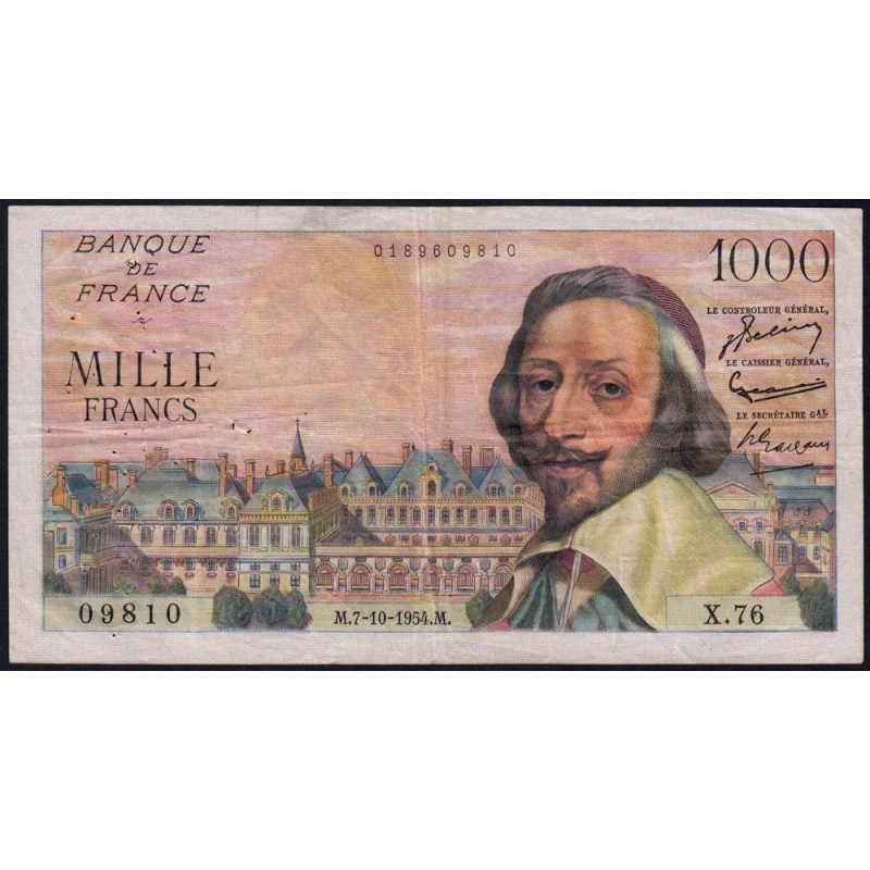 F 42-08 - 07/10/1954 - 1000 francs - Richelieu - Série X.76 - Etat : TTB-