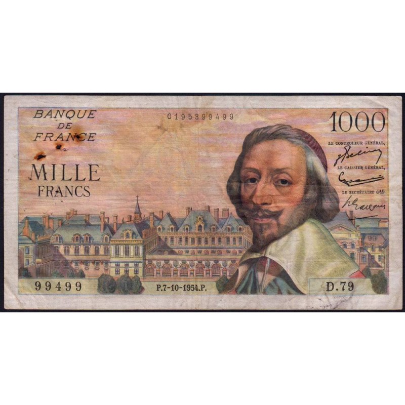 F 42-08 - 07/10/1954 - 1000 francs - Richelieu - Série D.79 - Etat : TB