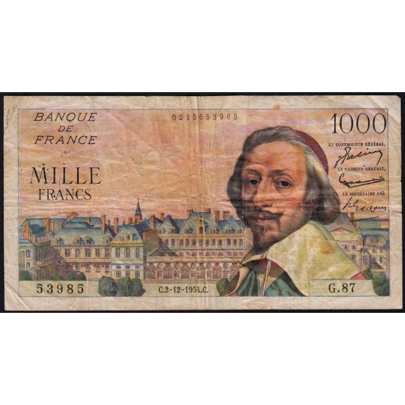 F 42-09 - 02/12/1954 - 1000 francs - Richelieu - Série G.87 - Etat : TB