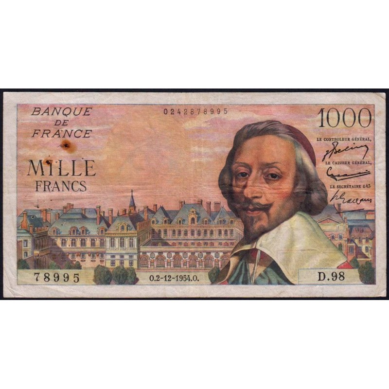 F 42-09 - 02/12/1954 - 1000 francs - Richelieu - Série D.98 - Etat : TB+