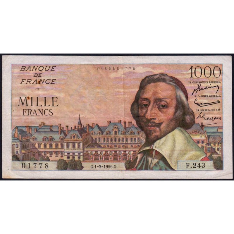 F 42-19 - 01/03/1956 - 1000 francs - Richelieu - Série F.243 - Etat : TTB