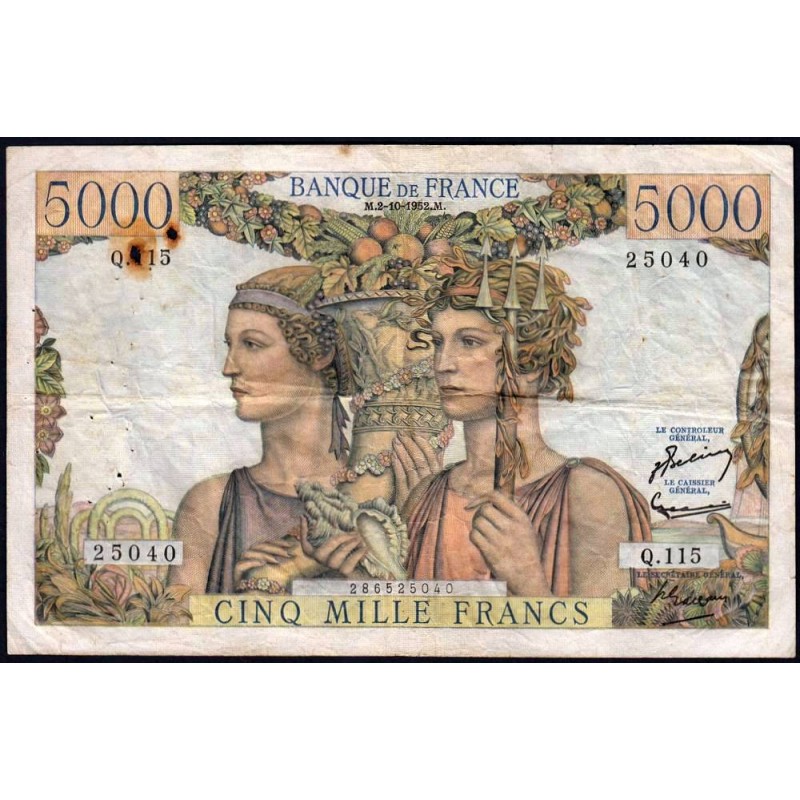 F 48-07 - 02/10/1952 - 5000 francs - Terre et Mer - Série Q.115 - Etat : TB+