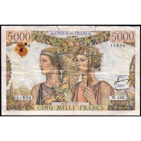 F 48-08 - 02/01/1953 - 5000 francs - Terre et Mer - Série W.133 - Remplacement - Etat : TB-